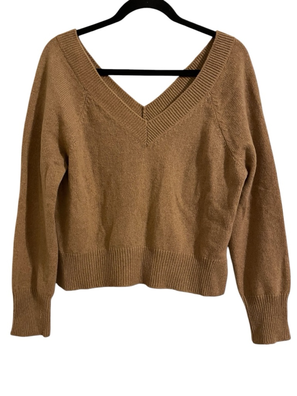 CUYANA Double V-Neck Pullover Sweater in Camel Brown Cashmere Wool Size Medium